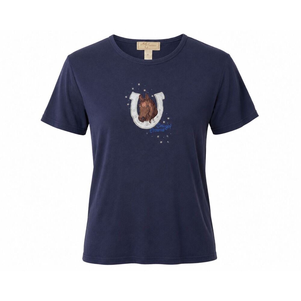 MC Sportswear Cowgirl Dreams Horse Embroidered Navy T-Shirt Women's Medium